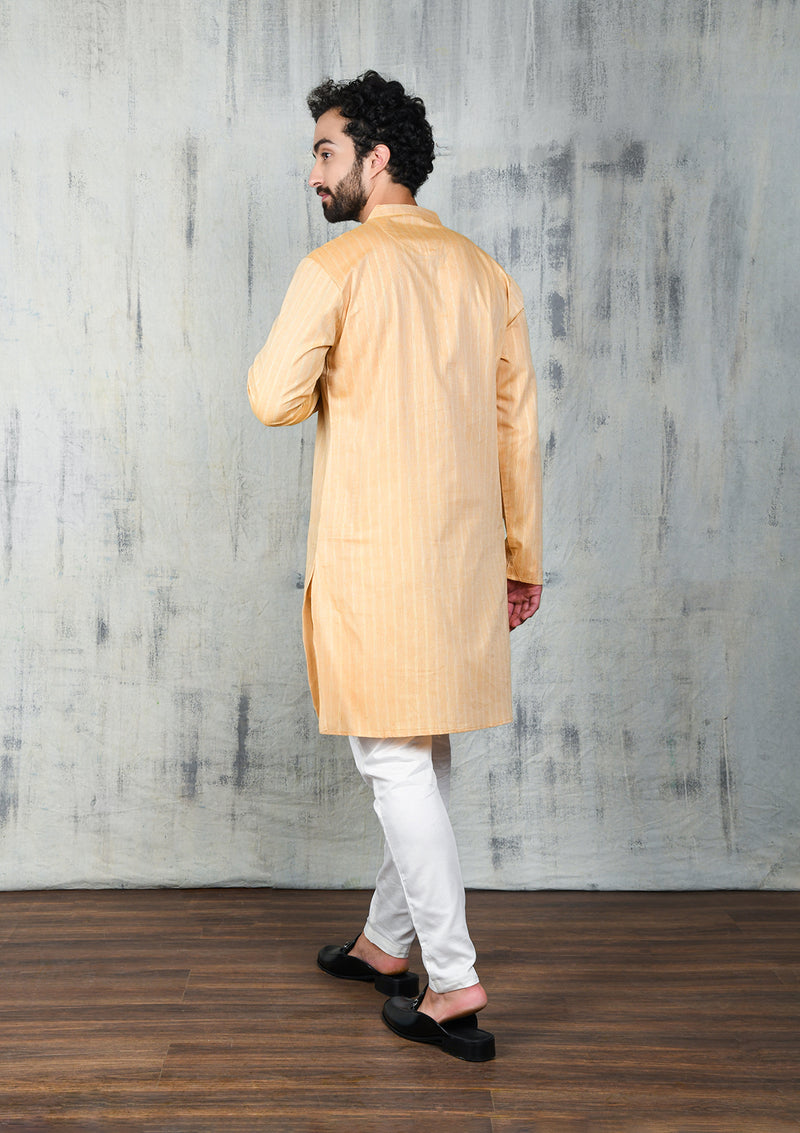 SAND BROWN COTTON ZARI KURTA PYJAMA SET WITH POTLI BUTTONS