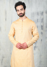 SAND BROWN COTTON ZARI KURTA PYJAMA SET WITH POTLI BUTTONS