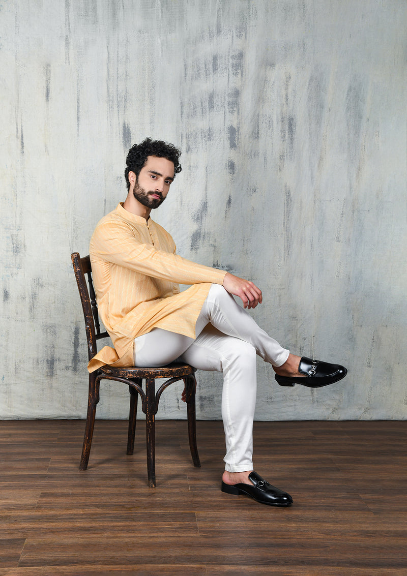 SAND BROWN COTTON ZARI KURTA PYJAMA SET WITH POTLI BUTTONS