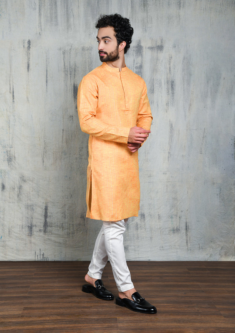 SAFFRON COTTON STRIPED ZARI REGULAR FIT KURTA