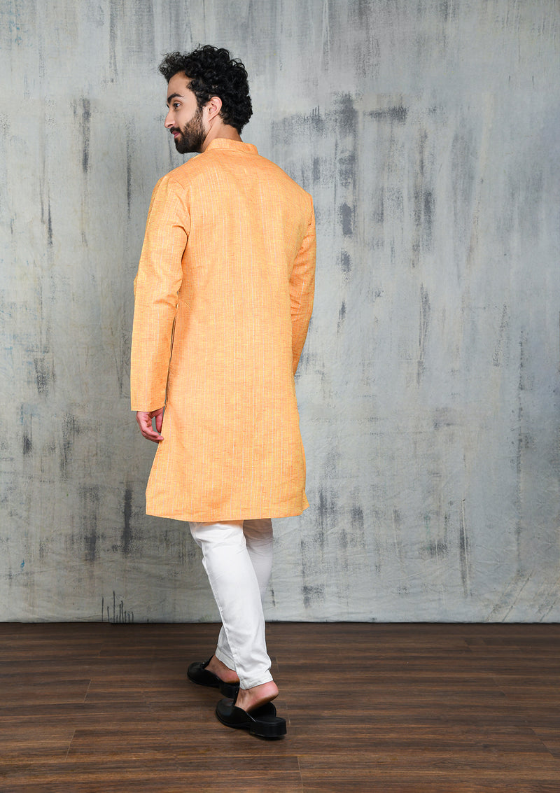 SAFFRON COTTON STRIPED ZARI REGULAR FIT KURTA