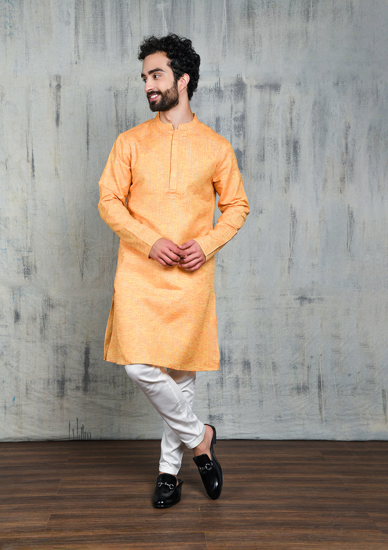 SAFFRON COTTON STRIPED ZARI REGULAR FIT KURTA