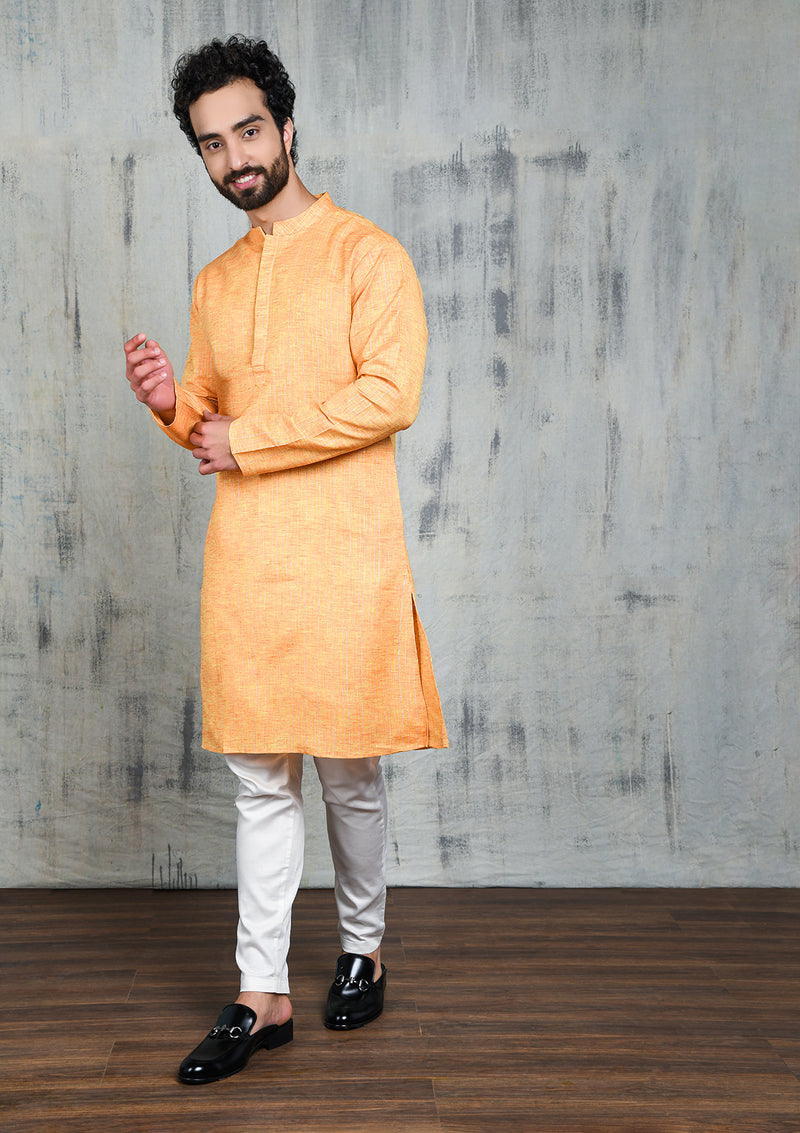 SAFFRON COTTON STRIPED ZARI REGULAR FIT KURTA