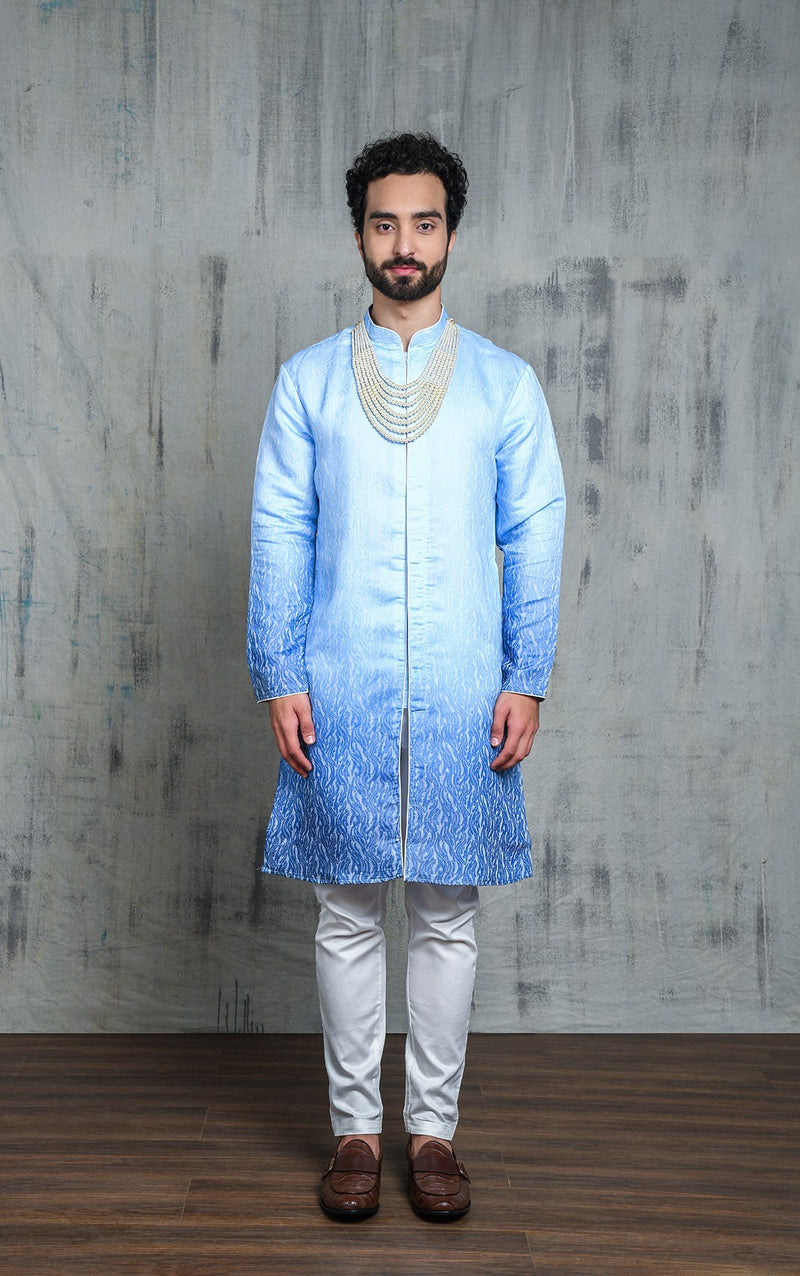 OMBRE BLUE JACQUARD KURTA PYJAMA SET WITH CONTRAST PIPING