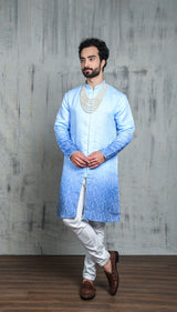 OMBRE BLUE JACQUARD KURTA PYJAMA SET WITH CONTRAST PIPING