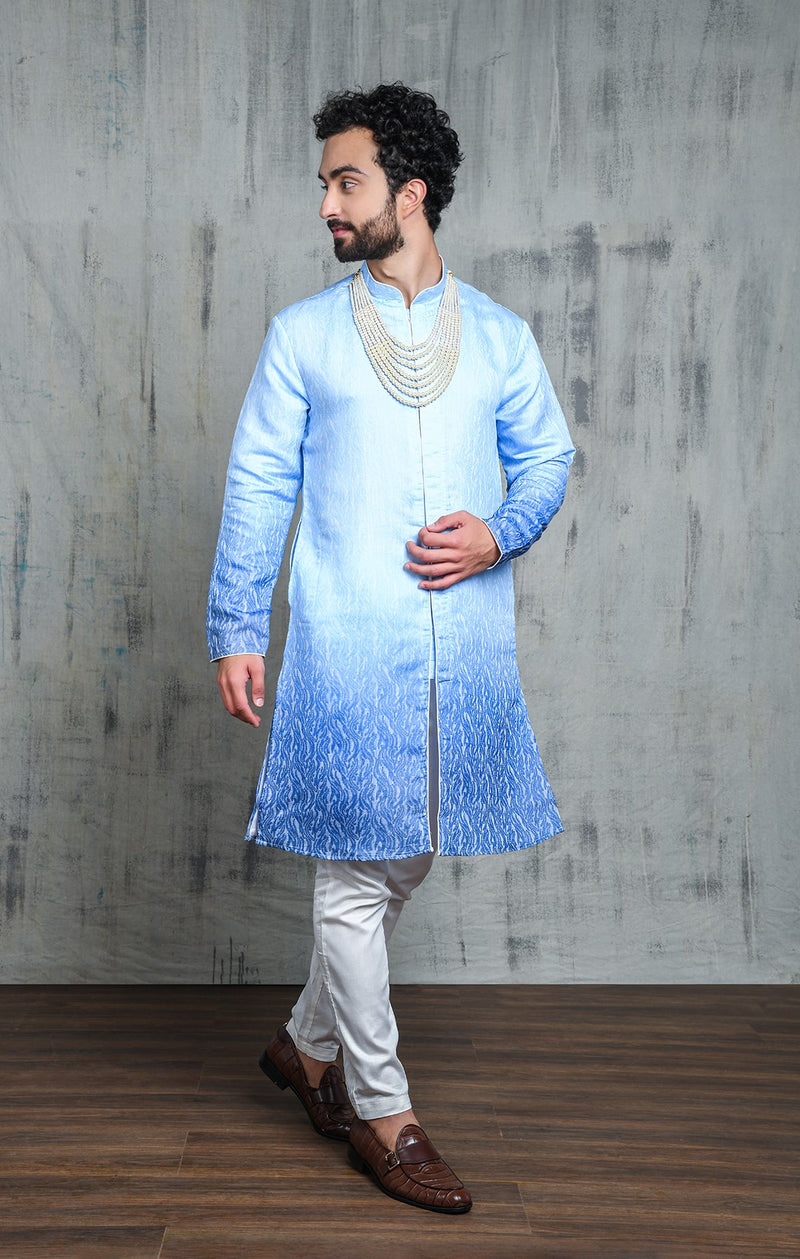 OMBRE BLUE JACQUARD KURTA PYJAMA SET WITH CONTRAST PIPING