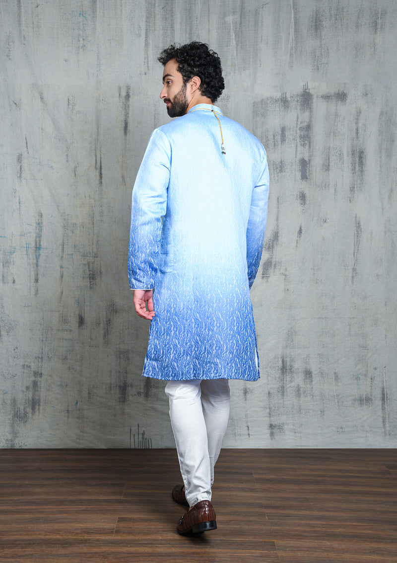 OMBRE BLUE JACQUARD KURTA PYJAMA SET WITH CONTRAST PIPING