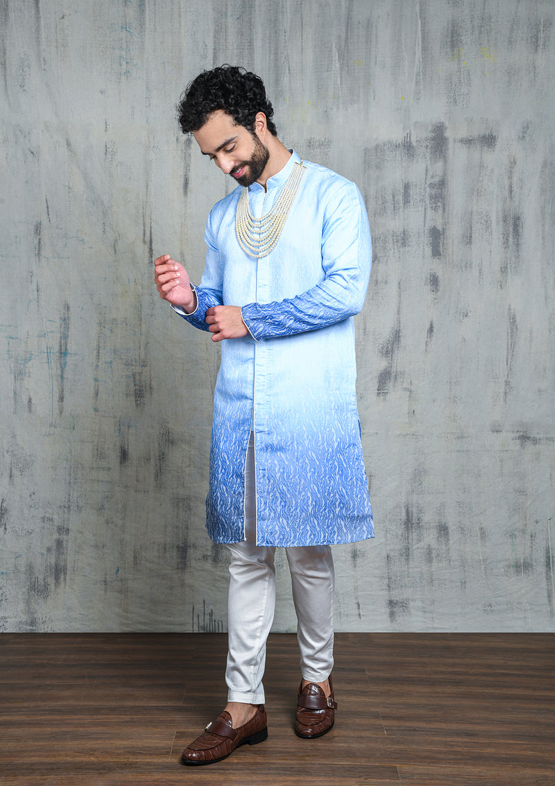 OMBRE BLUE JACQUARD KURTA PYJAMA SET WITH CONTRAST PIPING