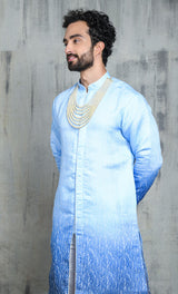 OMBRE BLUE JACQUARD KURTA PYJAMA SET WITH CONTRAST PIPING