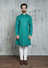 EMBROIDERED EMERALD GREEN KURTA PYJAMA SET WITH ALL OVER SEQUIN DESIGN