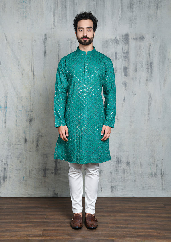 EMBROIDERED EMERALD GREEN KURTA PYJAMA SET WITH ALL OVER SEQUIN DESIGN