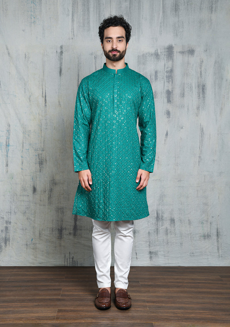 EMBROIDERED EMERALD GREEN KURTA PYJAMA SET WITH ALL OVER SEQUIN DESIGN