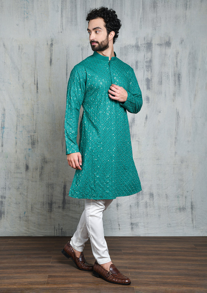 EMBROIDERED EMERALD GREEN KURTA PYJAMA SET WITH ALL OVER SEQUIN DESIGN