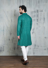 EMBROIDERED EMERALD GREEN KURTA PYJAMA SET WITH ALL OVER SEQUIN DESIGN