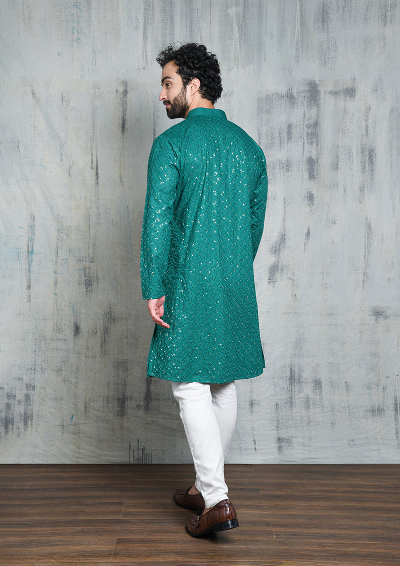 EMBROIDERED EMERALD GREEN KURTA PYJAMA SET WITH ALL OVER SEQUIN DESIGN