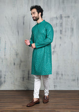 EMBROIDERED EMERALD GREEN KURTA PYJAMA SET WITH ALL OVER SEQUIN DESIGN