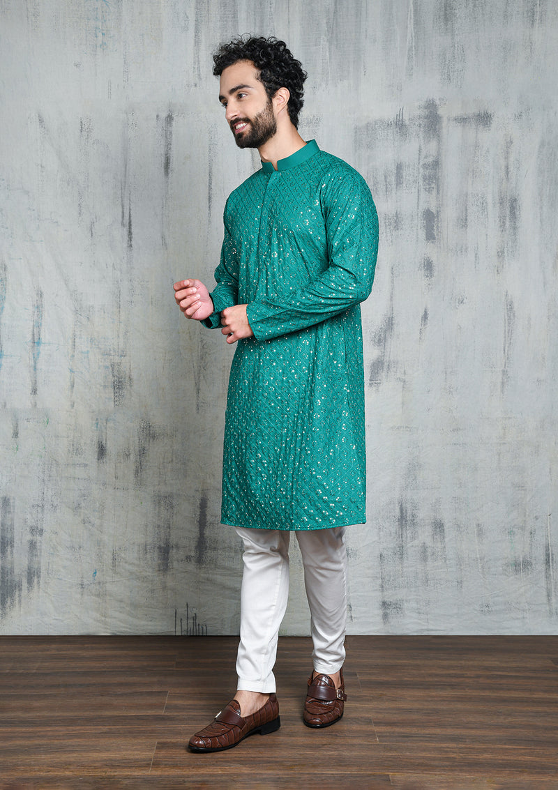 EMBROIDERED EMERALD GREEN KURTA PYJAMA SET WITH ALL OVER SEQUIN DESIGN