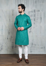 EMBROIDERED EMERALD GREEN KURTA PYJAMA SET WITH ALL OVER SEQUIN DESIGN