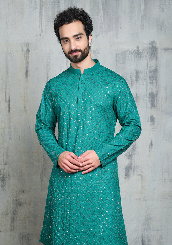 EMBROIDERED EMERALD GREEN KURTA PYJAMA SET WITH ALL OVER SEQUIN DESIGN