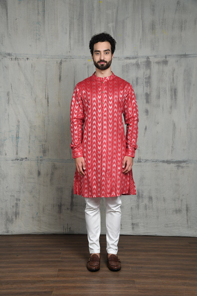 VELVET RED IKAT BUTTA KURTA PYJAMA SET WITH CUFF DETAIL