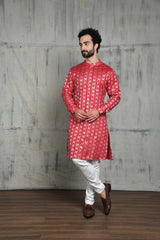 VELVET RED IKAT BUTTA KURTA PYJAMA SET WITH CUFF DETAIL