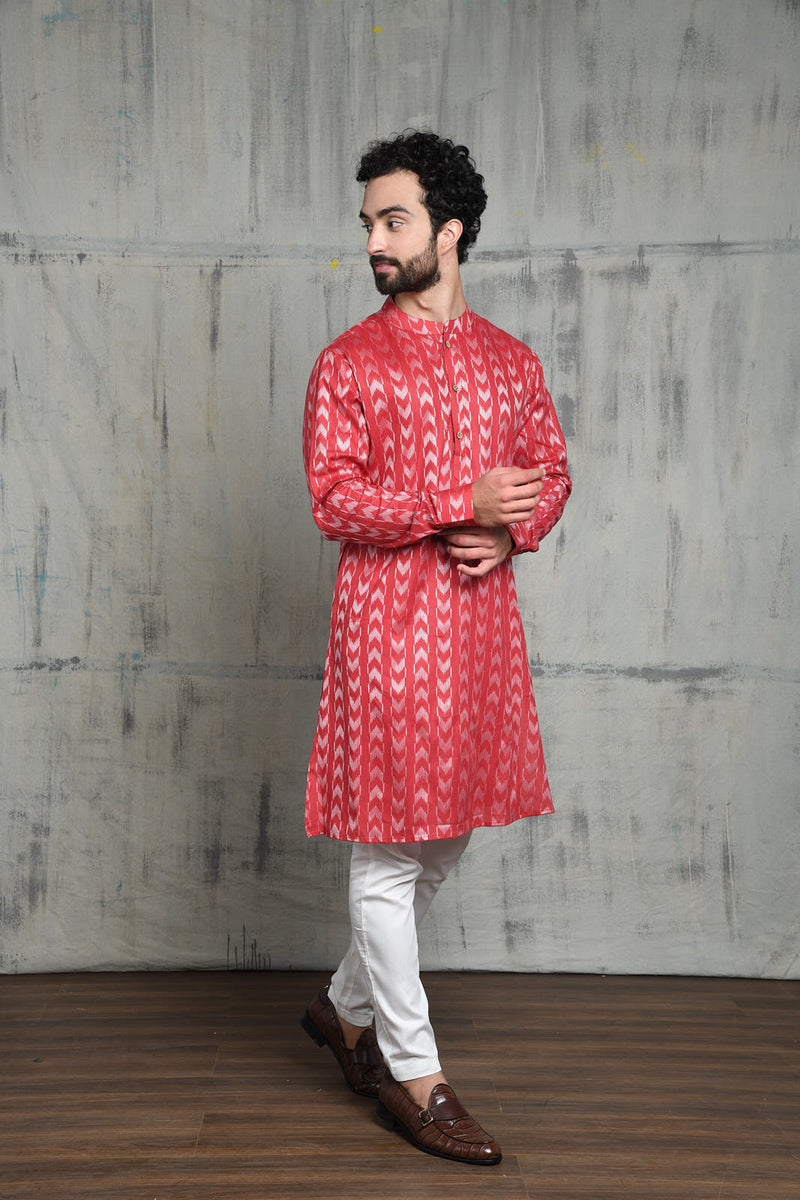 VELVET RED IKAT BUTTA KURTA PYJAMA SET WITH CUFF DETAIL