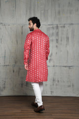 VELVET RED IKAT BUTTA KURTA PYJAMA SET WITH CUFF DETAIL