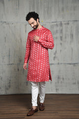 VELVET RED IKAT BUTTA KURTA PYJAMA SET WITH CUFF DETAIL