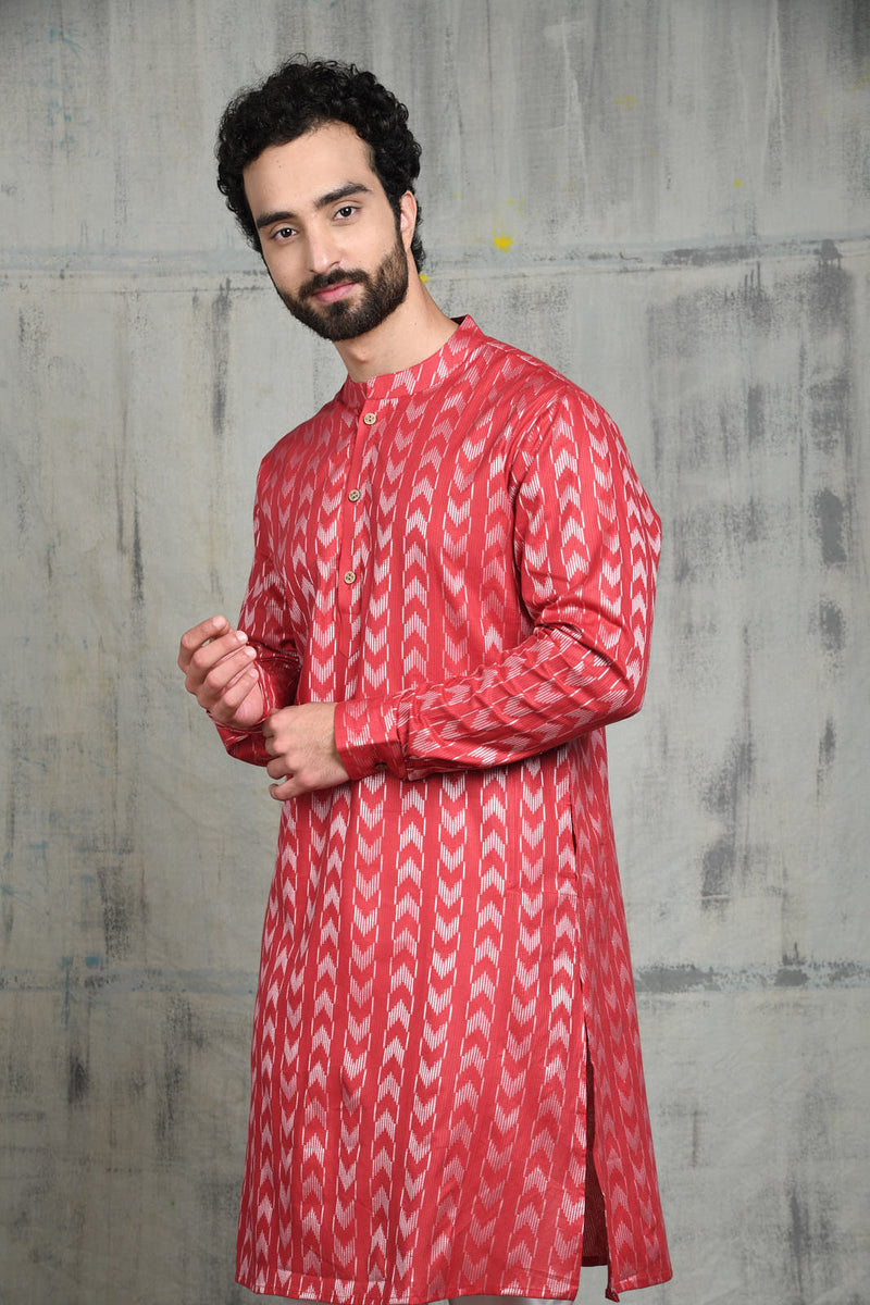 VELVET RED IKAT BUTTA KURTA PYJAMA SET WITH CUFF DETAIL