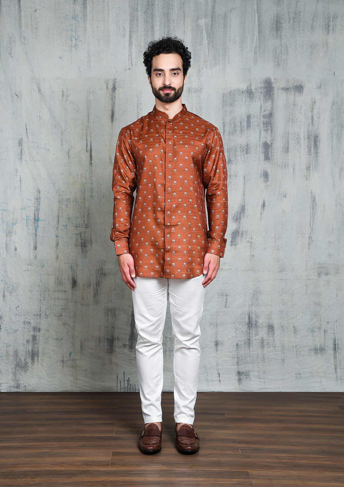 LEATHER BROWN FLORAL PRINTED SHORT BUTTON UP KURTA