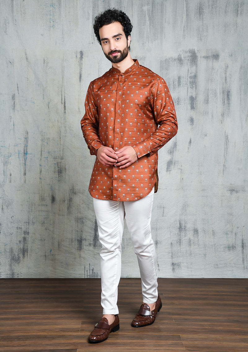 LEATHER BROWN FLORAL PRINTED SHORT BUTTON UP KURTA