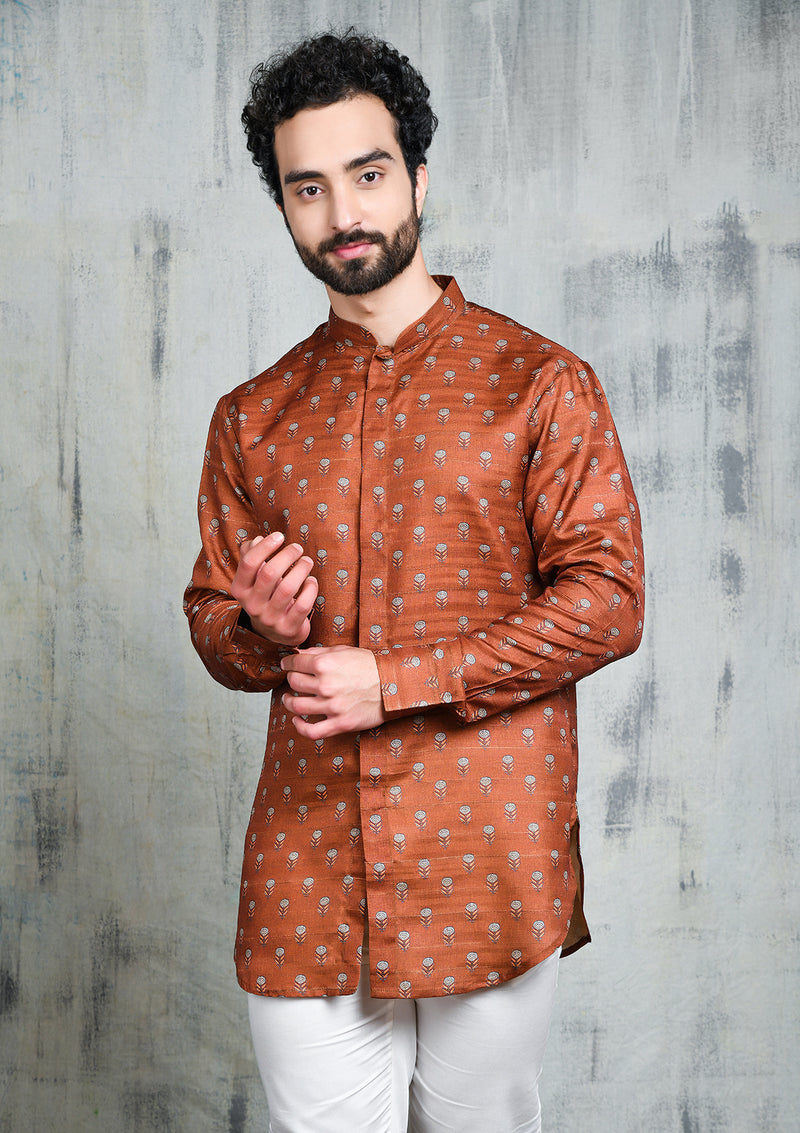 LEATHER BROWN FLORAL PRINTED SHORT BUTTON UP KURTA