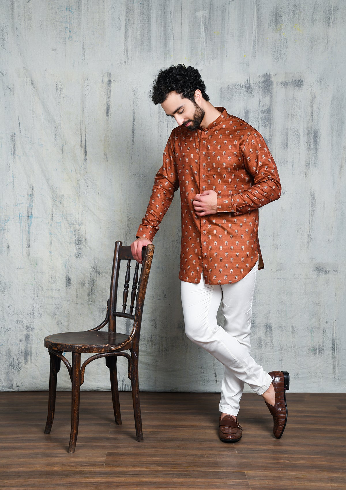 LEATHER BROWN FLORAL PRINTED SHORT BUTTON UP KURTA