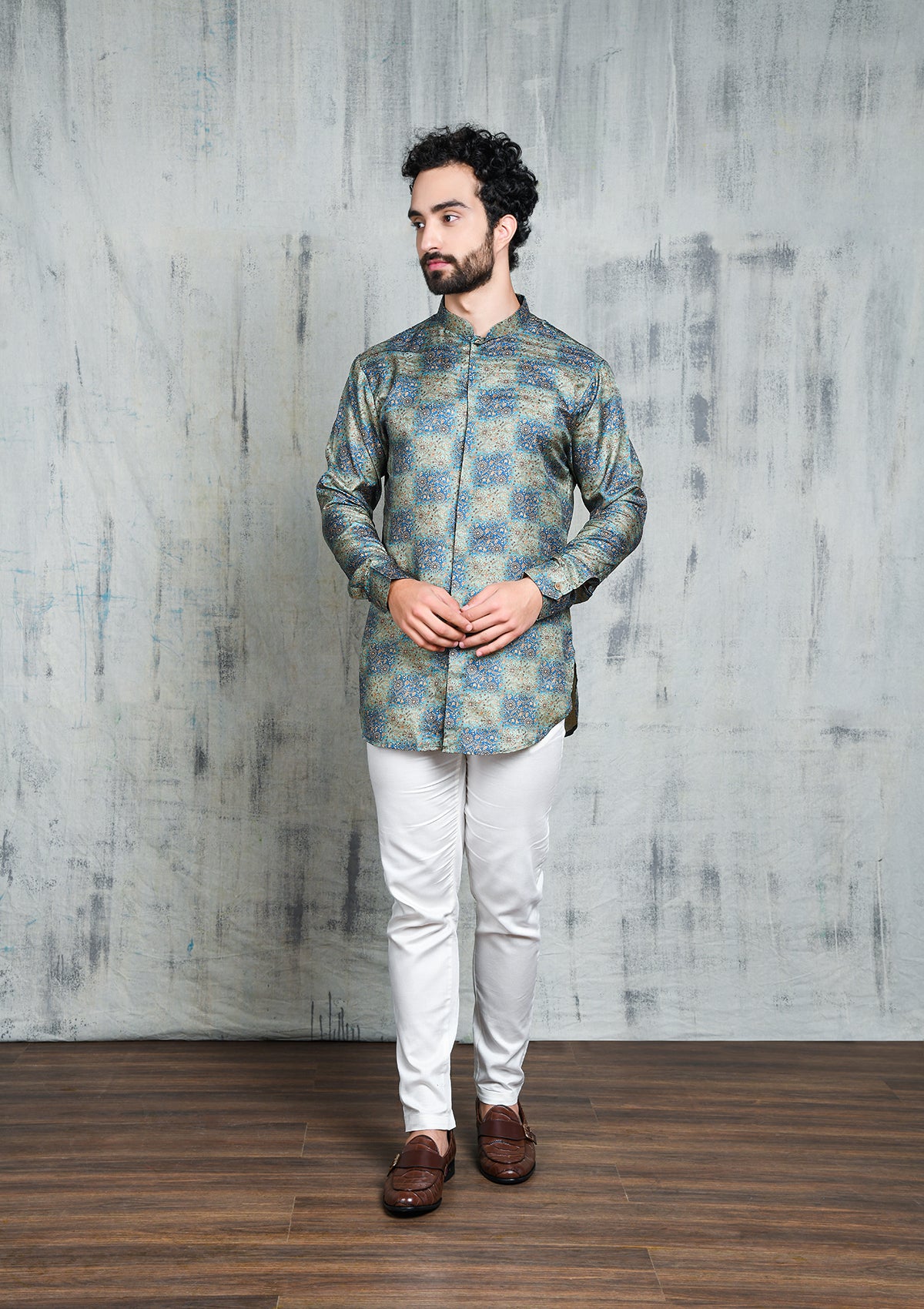 BLUE CHECKERBOARD OMBRE FLORAL PRINTED SHORT BUTTON UP KURTA