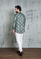 BLUE CHECKERBOARD OMBRE FLORAL PRINTED SHORT BUTTON UP KURTA