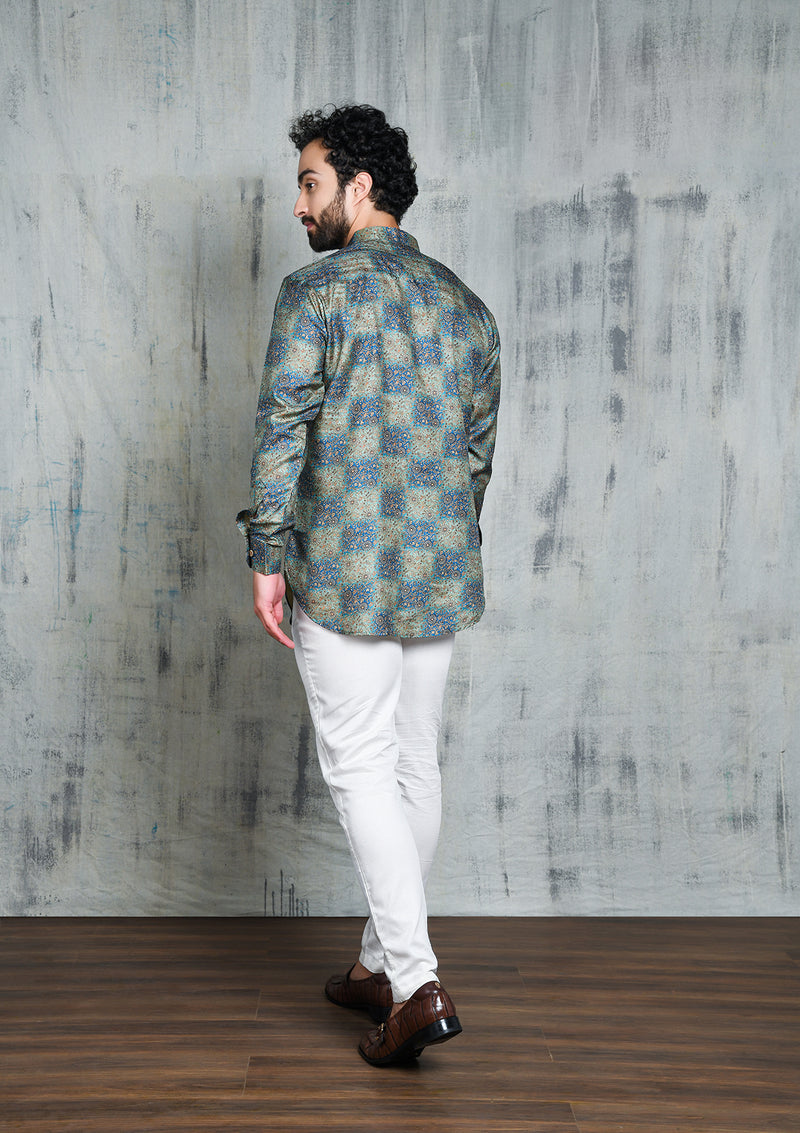 BLUE CHECKERBOARD OMBRE FLORAL PRINTED SHORT BUTTON UP KURTA