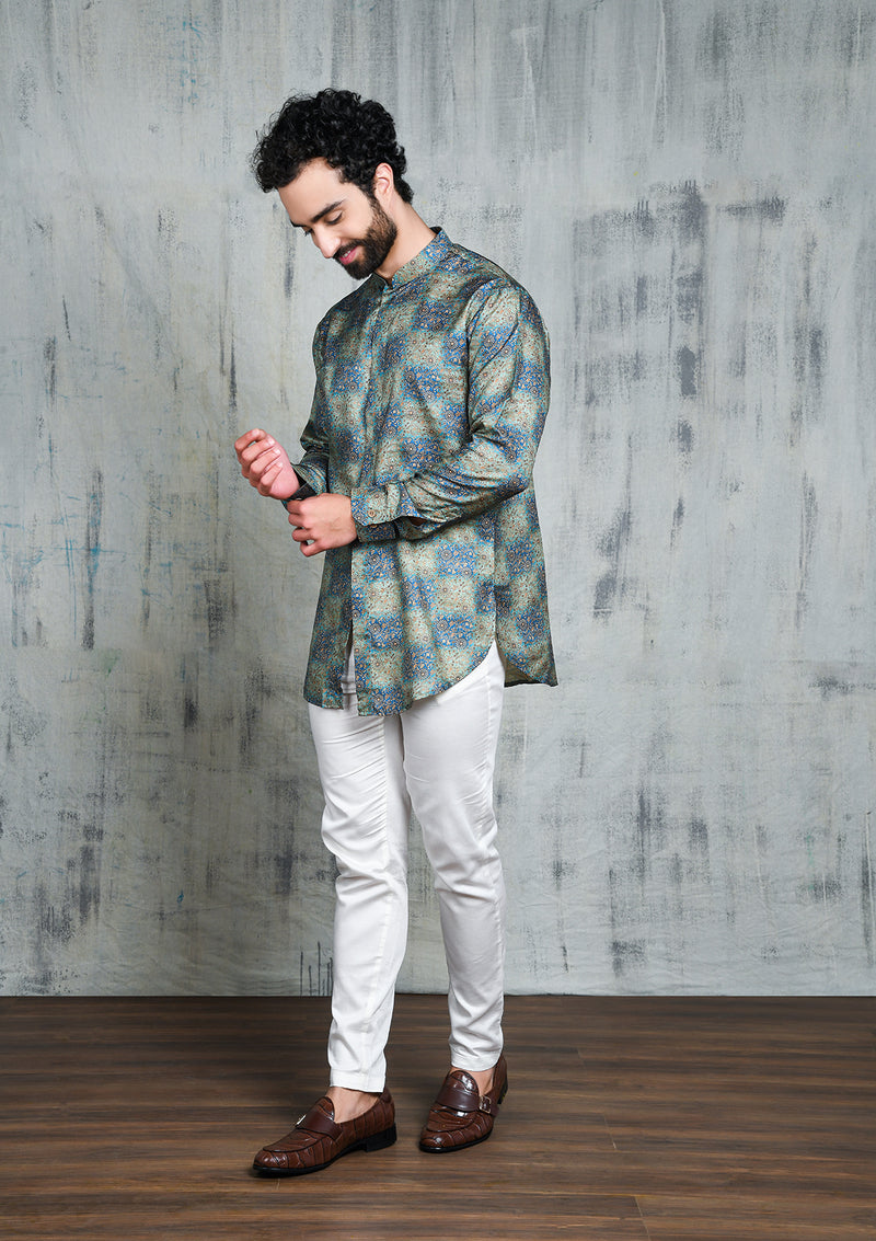 BLUE CHECKERBOARD OMBRE FLORAL PRINTED SHORT BUTTON UP KURTA