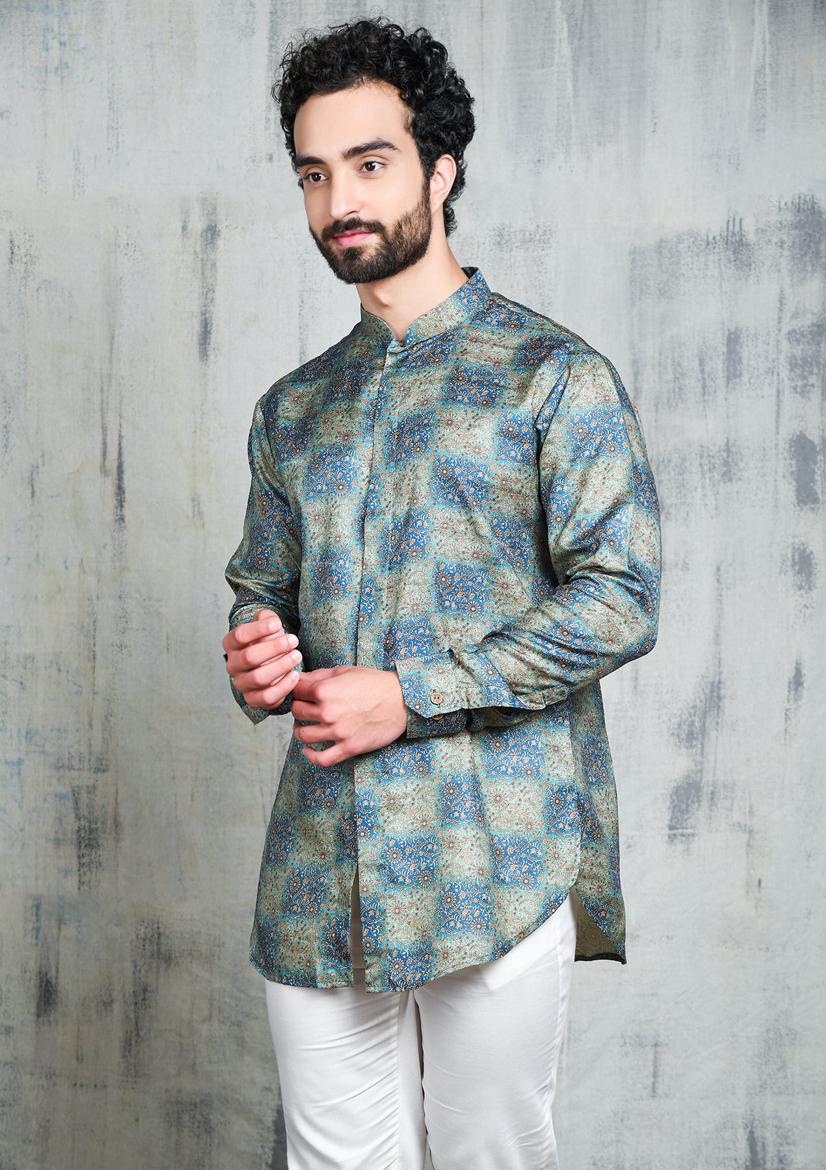 BLUE CHECKERBOARD OMBRE FLORAL PRINTED SHORT BUTTON UP KURTA