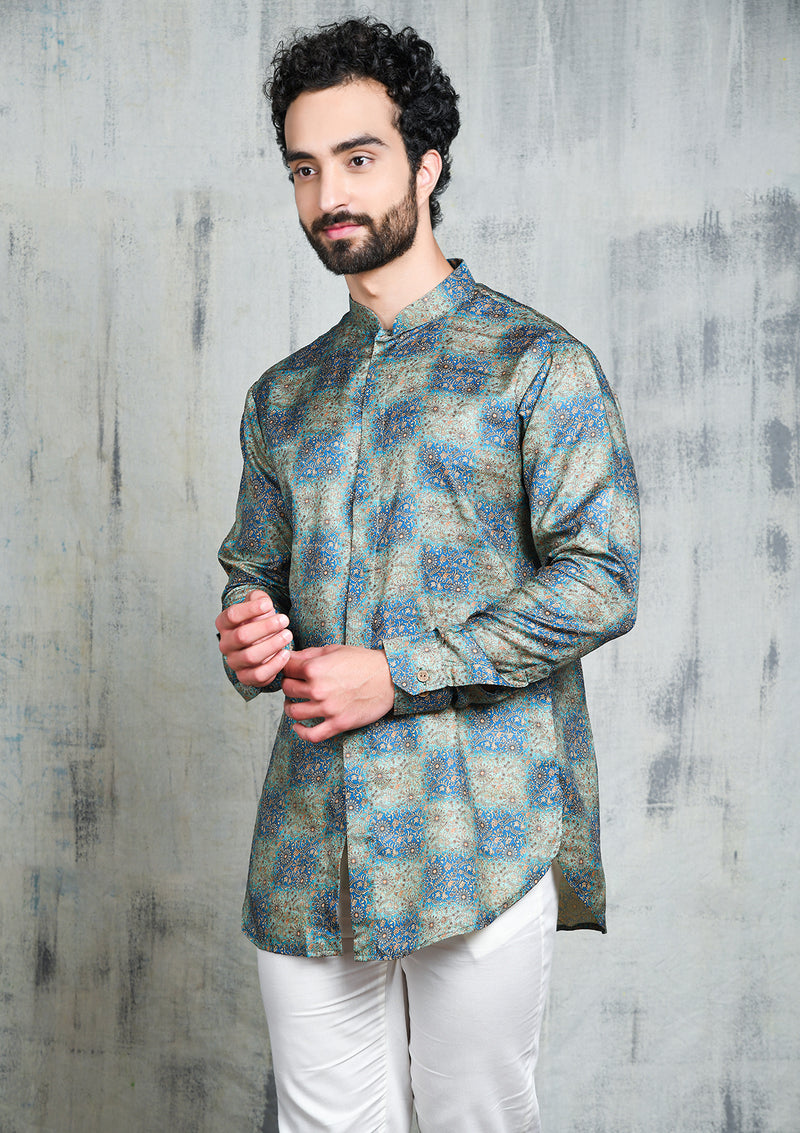 BLUE CHECKERBOARD OMBRE FLORAL PRINTED SHORT BUTTON UP KURTA