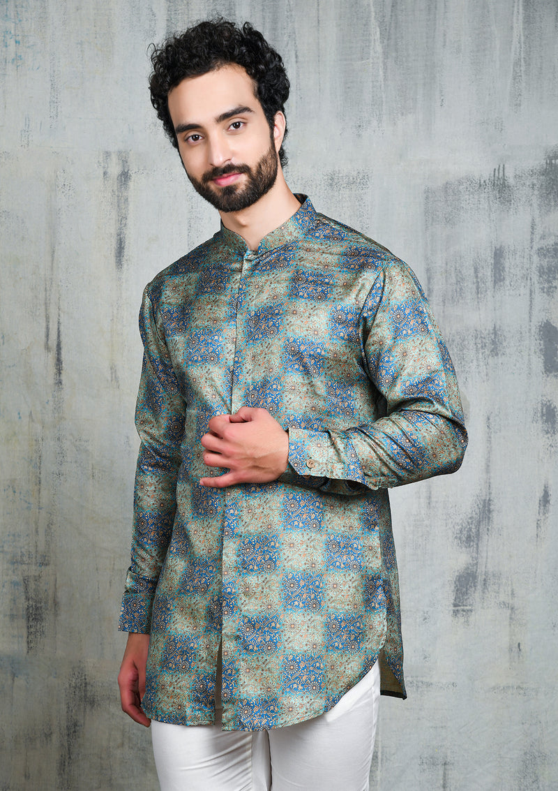 BLUE CHECKERBOARD OMBRE FLORAL PRINTED SHORT BUTTON UP KURTA