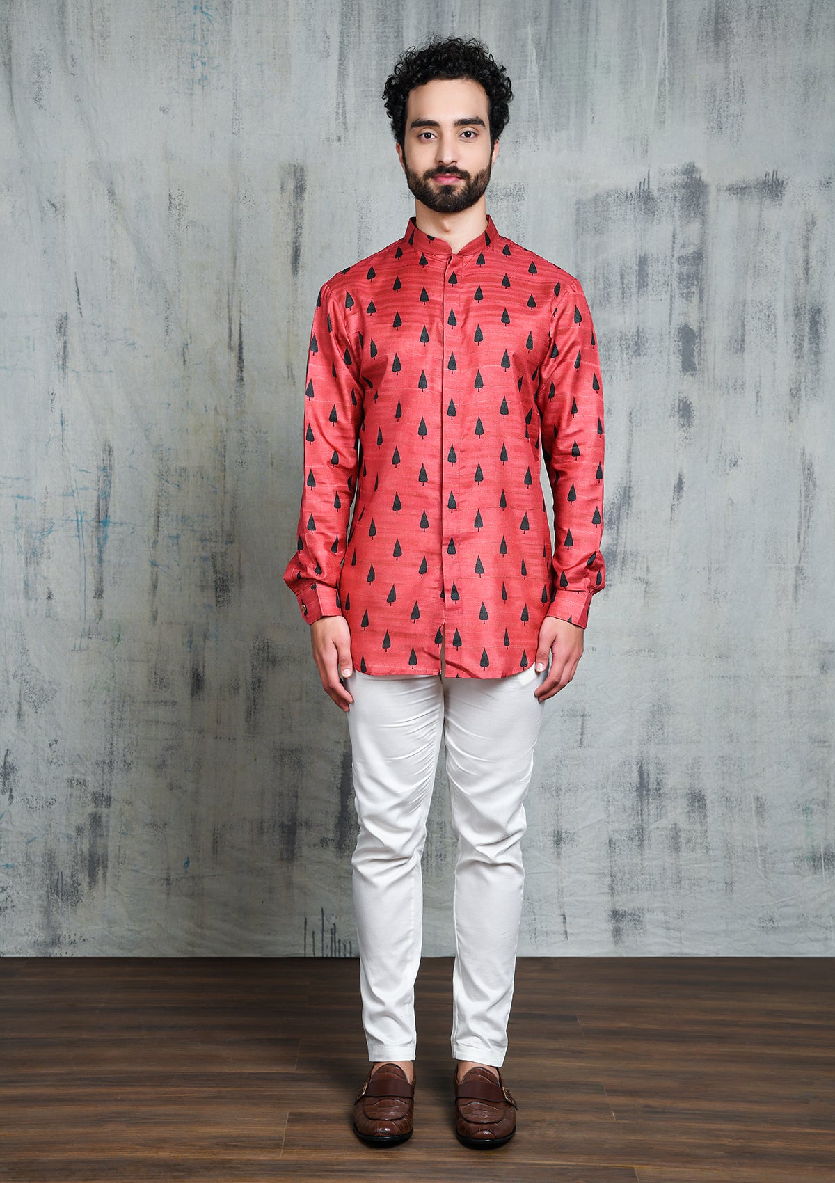 RUSTY PINK EMERALD GREEN LEAF PRINTED SHORT BUTTON UP KURTA