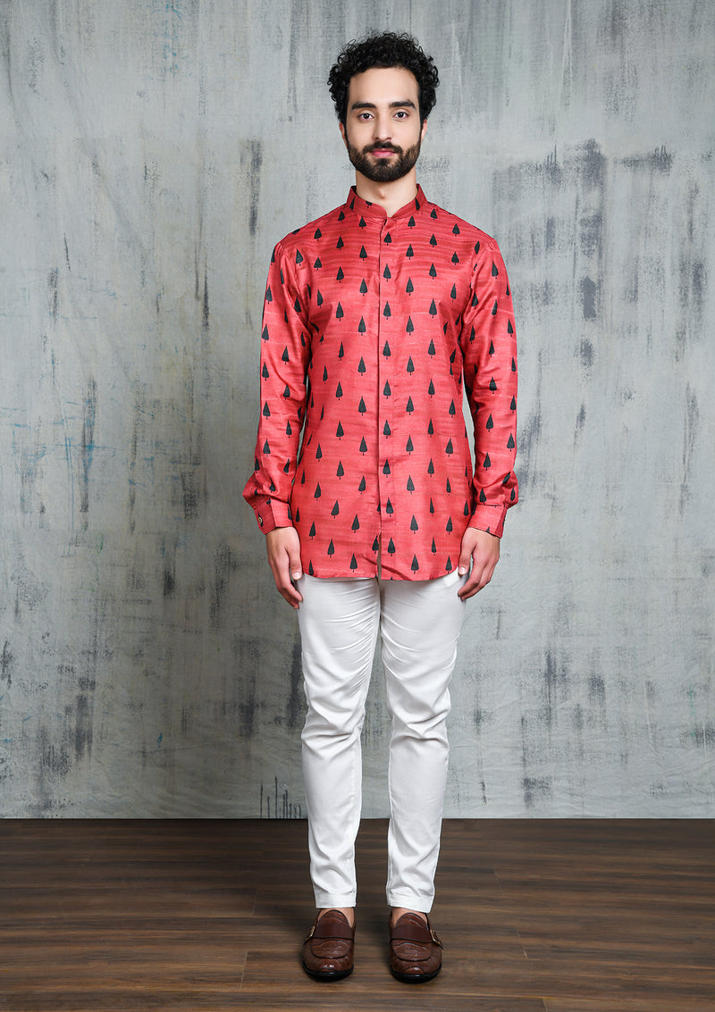 RUSTY PINK EMERALD GREEN LEAF PRINTED SHORT BUTTON UP KURTA