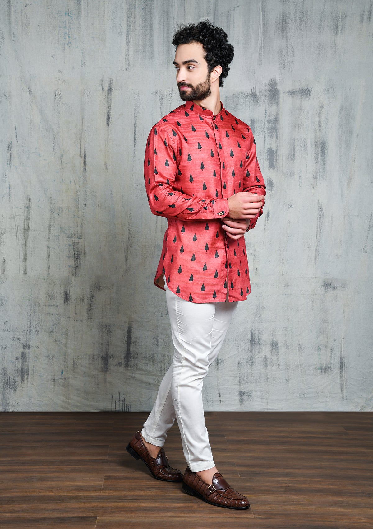 RUSTY PINK EMERALD GREEN LEAF PRINTED SHORT BUTTON UP KURTA
