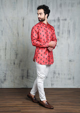 RUSTY PINK EMERALD GREEN LEAF PRINTED SHORT BUTTON UP KURTA