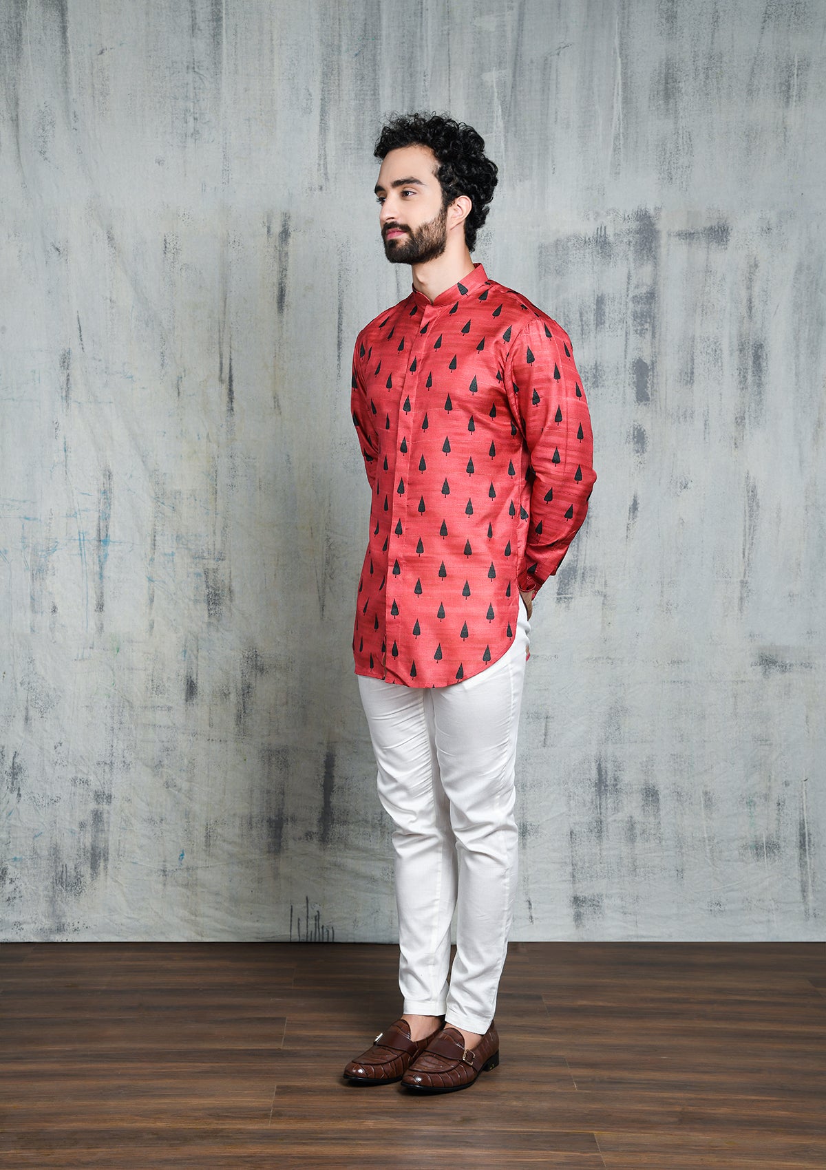 RUSTY PINK EMERALD GREEN LEAF PRINTED SHORT BUTTON UP KURTA