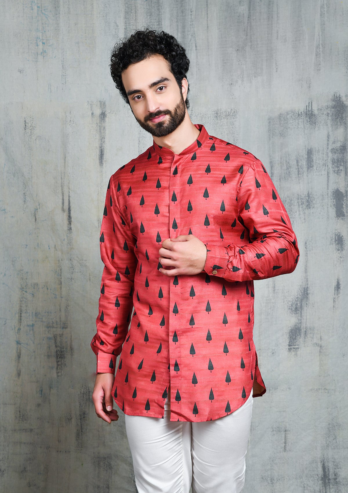 RUSTY PINK EMERALD GREEN LEAF PRINTED SHORT BUTTON UP KURTA