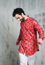 RUSTY PINK EMERALD GREEN LEAF PRINTED SHORT BUTTON UP KURTA