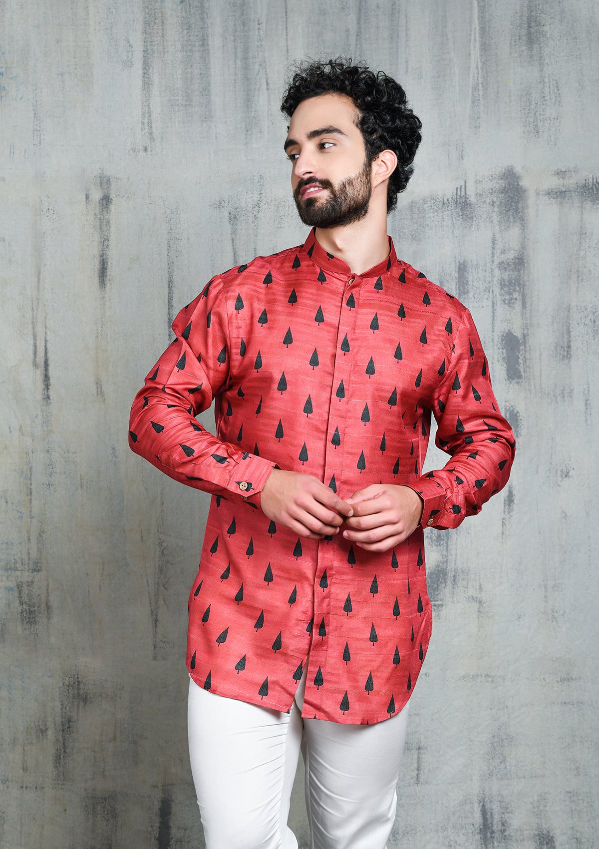 RUSTY PINK EMERALD GREEN LEAF PRINTED SHORT BUTTON UP KURTA