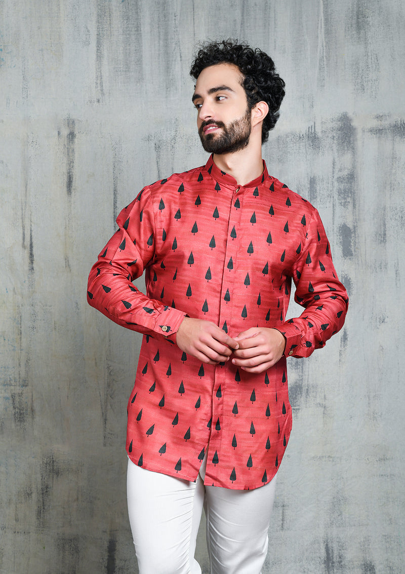 RUSTY PINK EMERALD GREEN LEAF PRINTED SHORT BUTTON UP KURTA
