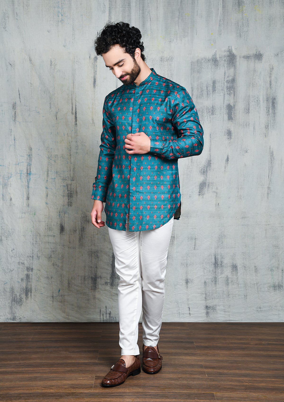 TURQUOISE BLUE WITH PINK PETAL PRINT SHORT BUTTON UP KURTA